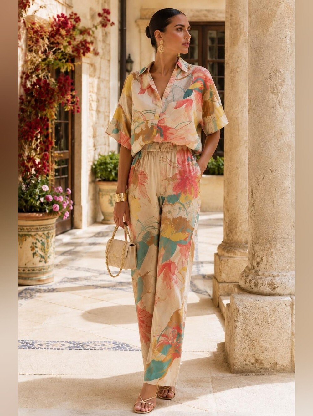 LC 9 Floral Buttoned Up With Matching Wide-Leg Pants Set in Beige
